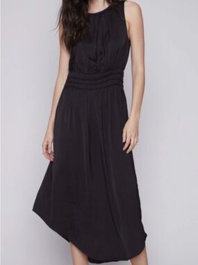 CHARLIE B Black Sleeveless Midi Dress with Smocked Waist Detail C3175R-794B